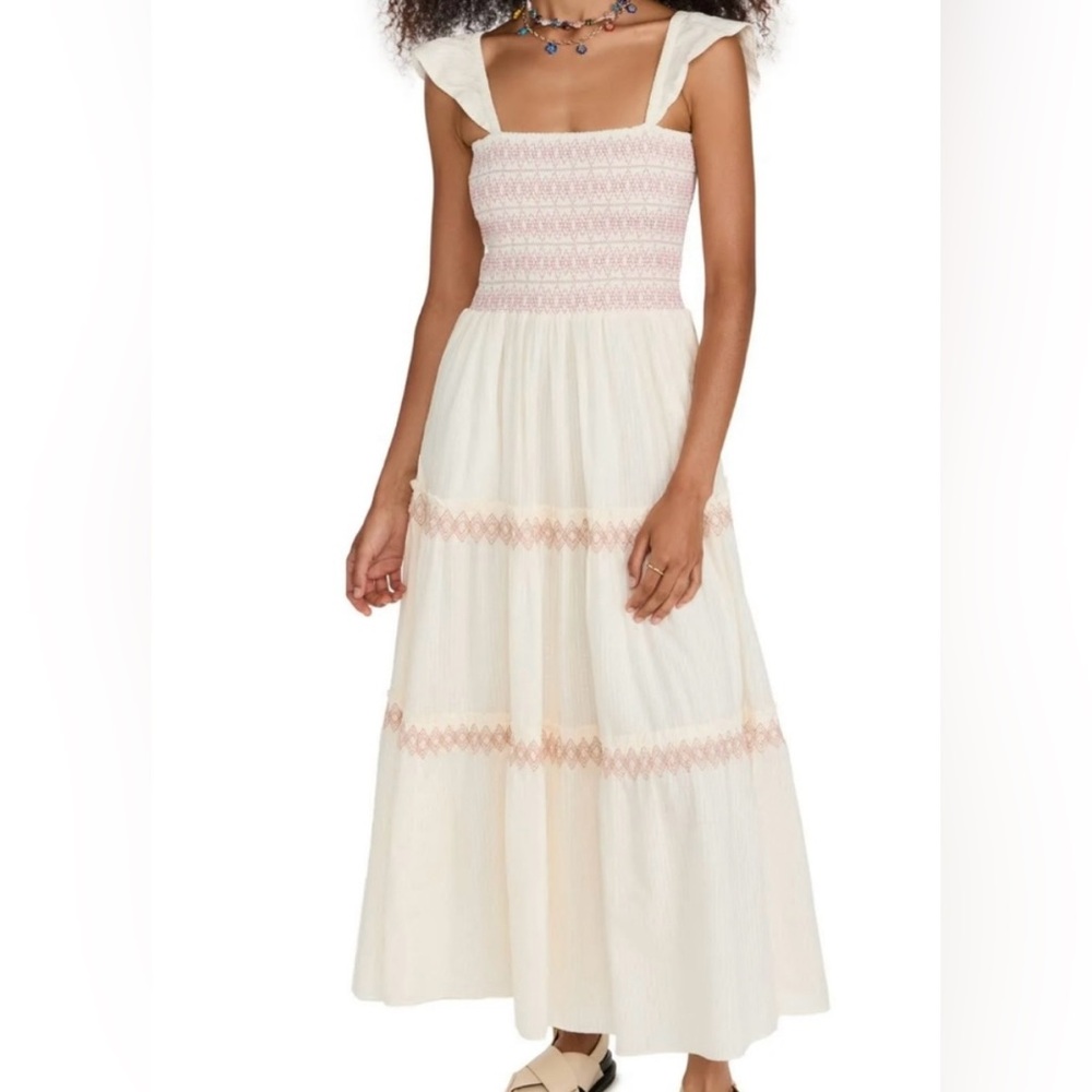 Sim & Sam Anthropologie Tiered Smocked Boho Maxi Cream & Pink NWT Sz Lg Ret $136